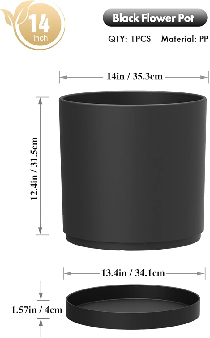 WSMKSZ 14 Inch Heavy-Duty Cylinder Deep Planter for Indoor Outdoor Plants, Tall Large Plastic Plant Pot with Drainage Holes and Saucer, Decorative Flower Pot for Patio Garden, Black