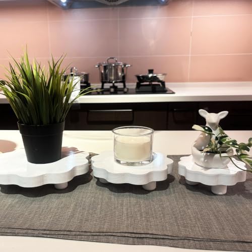 2 Pcs Scalloped Wood Display Risers,Rustic Wooden Pedestal Stand, Candle Stands Holder, Wooden Riser for Figures, Dessert Cupcake Tray for Party, Display Artwork collectibles for Decoration and Organize (White, 6.3 Inch) - Image 7