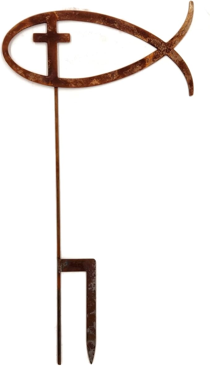 Christian Jesus Fish Metal Steel Garden Landscape Stake 20 to 33 Inches Tall (Jesus Fish with Cross 28" Tall Including Stake, Naturally Rusted)