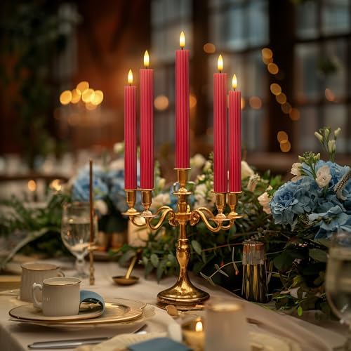 12 Pack, 10" LED Flameless Real Wax Red Fluted Ribbed Grooved Taper Candles, Remote & 24h Timer Memory, On/Off Button, Dimmable, Flicker Mode, Battery Operated, Wedding - Image 6