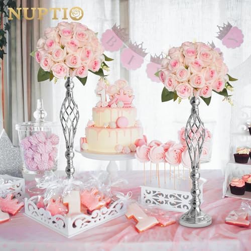 NUPTIO Silver Centerpiece Stand for Table, Twist Style, 22.8" Tall, 2 Pcs - Image 3