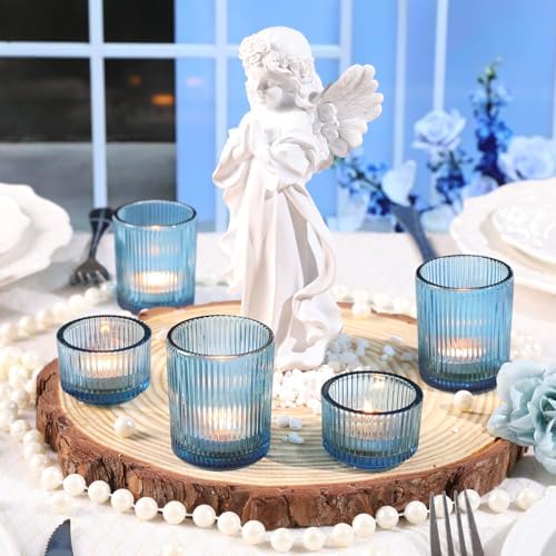 NITIME 10pcs Ribbed Blue Votive Candle Holders, Assorted Tea Light Candle Holder Glass, Blue Candle Holders for Table Centerpiece, Wedding Table Settings and Party Decorations - Image 3