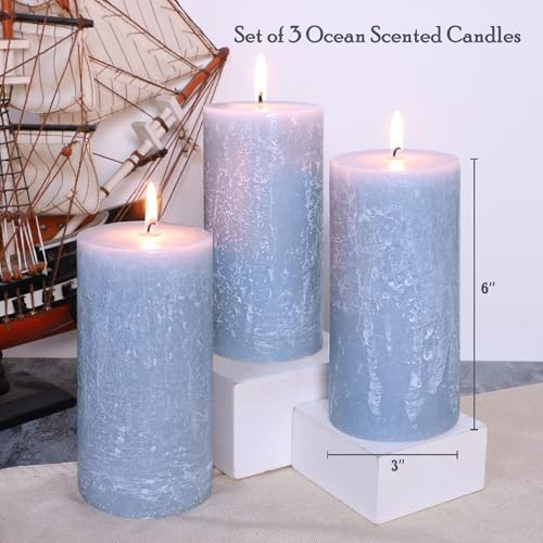 Ocean Scented Candles, Gray Blue Pillar Candles Set of 3 Tall in 3X6 Inch, Long Clean Burning Smokeless & Dripless Aromatherapy Candles for Home Decor - Image 2