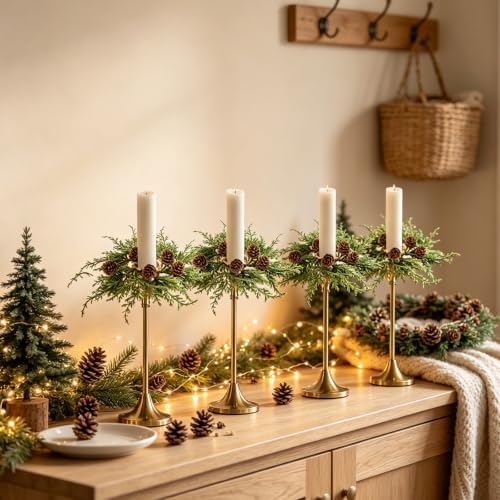 4 PCS 1.38" Mini Christmas Cedar Taper Candle Rings Holder Wreaths - Image 7
