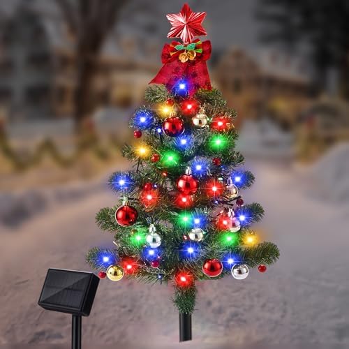3FT Solar Christmas Trees for Outside, 100LED Christmas Outside Decor Solar Powered with 8 Lighting Modes, Small Solar Xmas Decorations for Cemetery Pathway Patio Landscape, Multicolor by Brightever