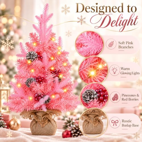 MEETYAMOR 2 FT Mini Christmas Tree, 24" Prelit Pink Small Artificial Tabletop Christmas Trees Decor with Timer, Outdoor Indoor Porch Table Centerpieces Xmas Christmas Decorations - Image 6