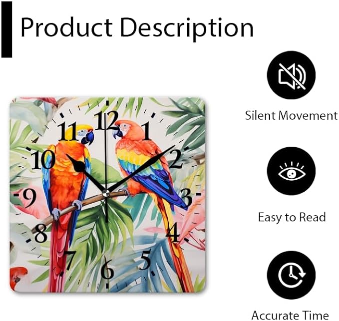 Quartz Wall Clocks Non-Ticking Silent Battery Operated Modern Wall Clocks Decorative for Home,Bedroom-Watercolor Painting of Beautiful Tropical Parrots(10inch)