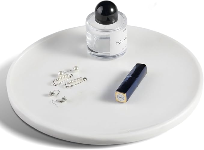 Karibiber 11.8inch Round Marble Serving Tray for Kitchen and Coffee Table, Bathroom Vanity Tray for Counter, White Decorative Catchall Tray for Jewelry, Namib Fantasy