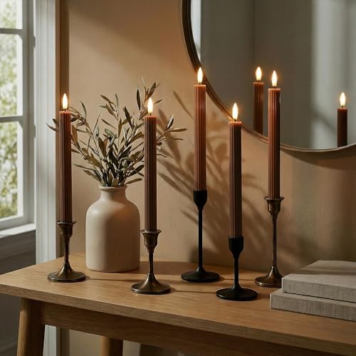 12 Pack, 10" LED Flameless Brown Tan Fluted Ribbed Grooved Taper Candles w/ 2 Remotes & 24h Timer Memory, On/Off Button, Dimmable, Flicker Mode, Battery Operated, Christmas Menorah Wedding - Image 6