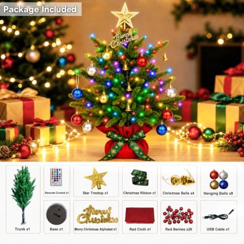 RGB Lighted Mini Christmas Tree, 72 LED 28 Colors Changing Artificial Christmas Decorations Tree for Home, 20in Tabletop Christmas Tree Lights with Multicolor Ball for Bedroom Living Room Party Decor - Image 3