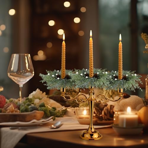 2 PCS Christmas Pine Taper Candle Rings Wreaths 1.38" Mini Norfolk Cedar Taper Candle Holder Wreaths Candle Rings with Berry Pinecones for Xmas Winter Church Home Table Centerpiece Candlesticks Decor - Image 6