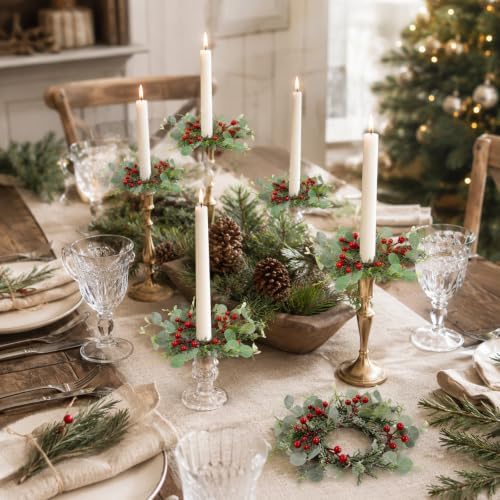 12 PCS Christmas Pine Taper Candle Rings Wreaths 1.38" Mini Norfolk Cedar Taper Candle Holder Wreaths Candle Rings with Berry for Xmas Winter Holiday Church Home Table Centerpiece Candlesticks Decor - Image 7