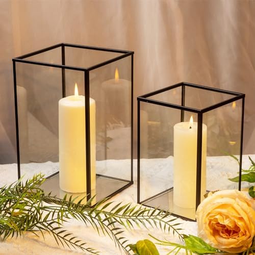 Phosphor Hurricane Camdle Holder Set of 2 Pieces, Black Glass Candle Holder for Wedding, Party, Holiday. - Image 2