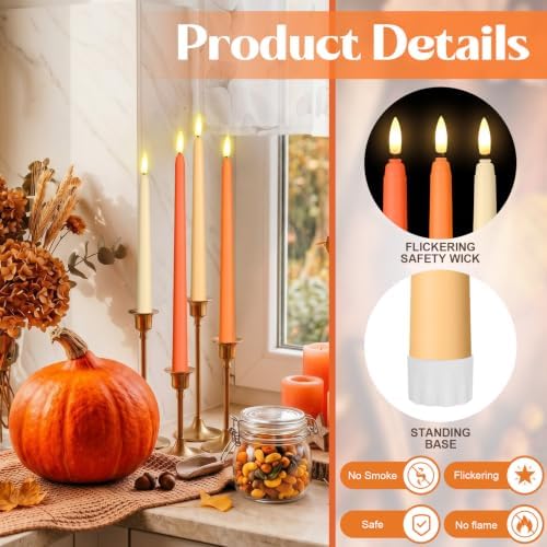 Rossesay 24 Pcs Flameless LED Taper Candles Battery Operated Candle 8.5", 9.65", 10.8", 12.8" Flameless Candlesticks Flickering for Christmas Church Wedding Indoor Decoration(Classic, Orange) - Image 4