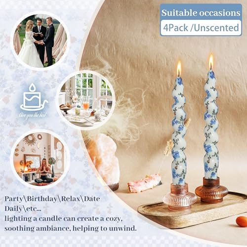 Spiral Print Taper Candles-Blue Floral Blend Pattern Unscented Candle 7.5Inch Flower Short Tapered Candlestick for Family Gatherings Weddings Restaurant Holiday Decorations Set of 4 - Image 6