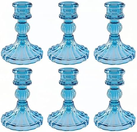 Bule Glass Candlestick Holders, Taper Candle Holders, Set of 6 by ECHFSM