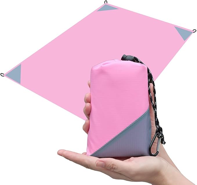 Orga'Neat Pocket Picnic Blanket, Beach Mat Waterproof Sandproof, Compact Lightweight Small Tarp for Camping, Hiking, Backpacking, Festival, Travel, Foldable in Bags (Pink/Grey, 55"x39")
