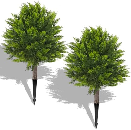 2 Pack 24”Artificial Topiary Ball Tree with Spike Soft Cypress Realistic Faux Cedar Pines Christmas Trees UV Rated Fake Shrubs for Christmas Pot Fillers Front Door Porch Indoor Outdoor Xmas Decor by Grandeal
