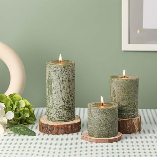 3x4 Inch Moss Green Pillar Candles Set of 3 - Unscented Spring Candles, Long Clean Burning, Large Big Candle, Smokeless Dripless Candle for Home Decor, Dinner Table, Bathroom, Rustic Decor - Image 3