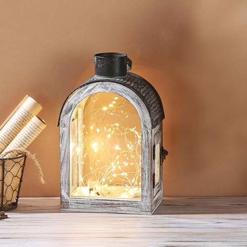 11" High Farmhouse Decorative Lanterns, Glass and Metal, Distressed White Wood Finish, Vintage Black Metal Top, Indoor Outdoor Candle Holders (Rustic White, 6"x4.4") - Image 4