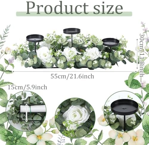 Zonon 21.6'' Wedding Candle Holder Centerpiece 3 Wick Electronic Candle Holder with Eucalyptus Leaves Roses for Wedding Party Decoration - Image 2