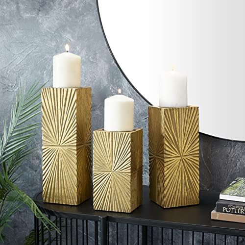 CosmoLiving by Cosmopolitan Wood Geometric Carved Pillar Candle Holder, Set of 3 12", 10", 8"H, Gold - Image 2