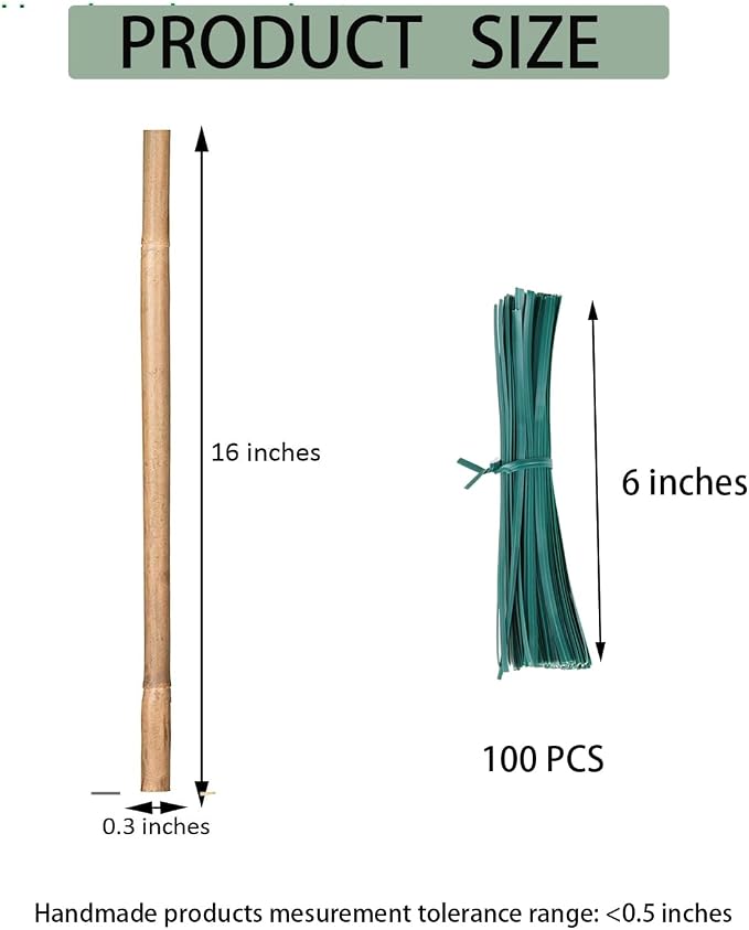 30 Pcs Natural Bamboo Plant Stakes - 16" Garden Sticks with Plant Ties for Plant Support, Tomatoes, Vegetables & Indoor Potted Plants