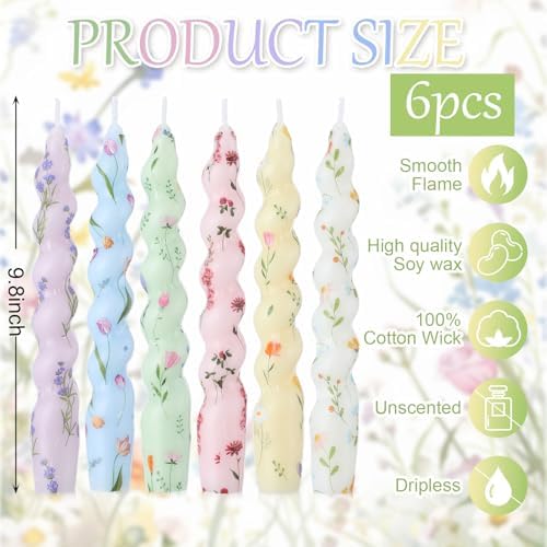 6pcs Pastel Floral Spiral Taper Candle 7.1" Flower Twisted Candlestick - Image 2