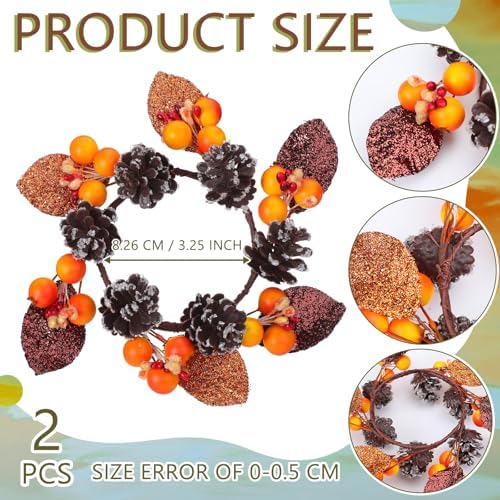 Daifunli 2 Pcs Fall Pillar Berry Candle Ring 3.25 Autumn Maple Pine Cones Acorns Wreath Candles Holder for Thanksgiving Winter Christmas Rustic Table Centerpiece Mantel Door Decor - Image 5