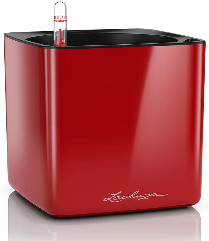 Lechuza Cube Glossy 16 Scarlet Red High Gloss, Self-Watering Indoor Small Plant Pot, H6.3 L6.7 W6.7 in