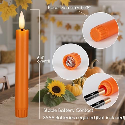 Orange Flameless Taper Candles, Fall Battery Operated Candles with Remote - Image 2