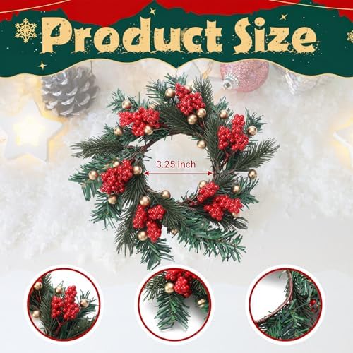 Daifunli 2 Pcs Christmas Gold Ball Red Berry Pine Needle Candle Ring Artificial Berry Bell Wreaths for Pillar 3.25 Inch Candles Holder for Winter Christmas Country Wedding Table Centerpiece Decor - Image 2