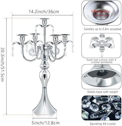 20.3'' Tall 5 Arm Silver Metal Candelabra Centerpiece for Table, Retro Table Centerpieces for Party, Events, Home, Wedding Decor (4) - Image 2