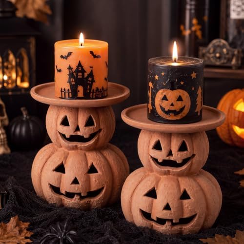 RattanView 2 Pcs Terracotta Halloween Pumpkin Decor Pumpkin Candle Holders by RattanView