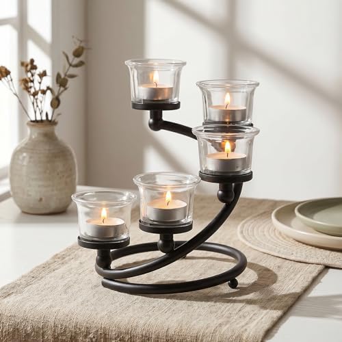 1PC Clear Chunky 5 Cups Metal Tea Light Candle Holders for Table Centerpiece, Glass Votive Tealight Holders/Candelabra Candlestick Holders for Wedding,Party, Anniversary,Christmas(Black) by KOLNLALA