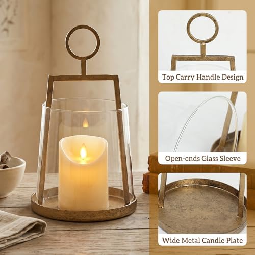 Modern Farmhouse Hurricane Candle Holder, Antique Brass Metal Centerpiece - Image 3
