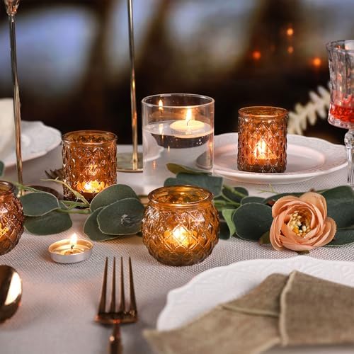 DARJEN Amber Votive Candle Holders Set of 24- Round Candle Holders Bulk, Glass Candle Holder for Vintage Decoration, Tea Lights Candle Holders for Wedding Home Party & Gift - Image 7