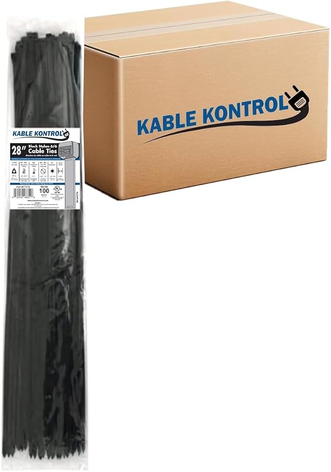 Kable Kontrol Cable Zip Ties Black 1,000 Pcs 28 Inch, 175 Lbs Tensile Strength, Bulk Pack, Self-locking UV Resistant Plastic Nylon Wire Ties, for Indoor or Outdoor Use