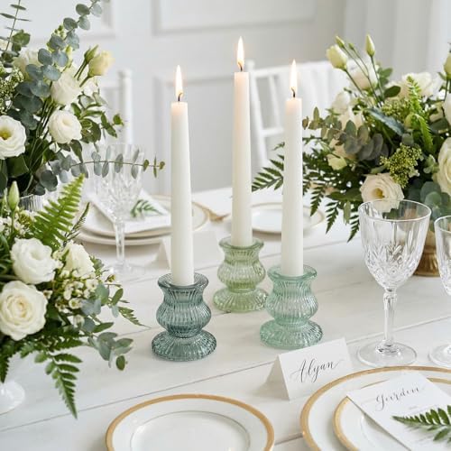 Green Glass Candle Holders 12 Pcs, Ribbed Taper Candle Holders Bulk, Vintage Candlestick Holders for Sage Green Wedding Centerpieces, Christmas Table Decor, Party & Easter Home Decor - Image 2