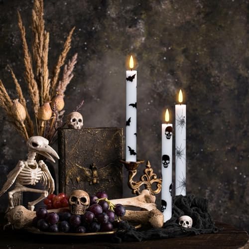 Wondise Halloween Flameless Taper Candles with Remote & Timer, Battery Operated with Spider Web, Bats, Skull, Real Wax 3D Wick LED Candles for Halloween Decorations - Image 7