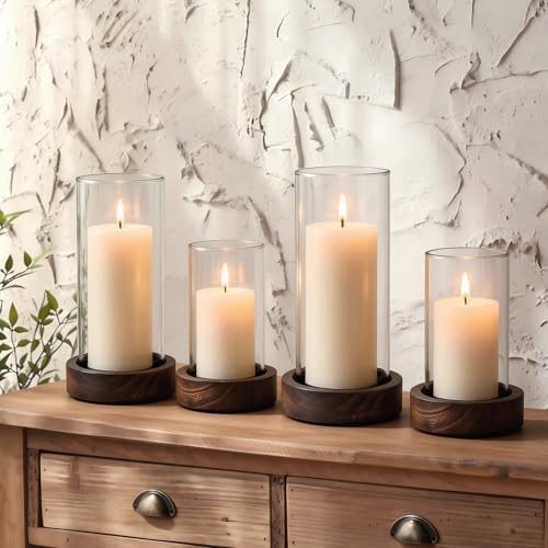 Ronasip Set of 4 Hurricane Candle Holders with Wood Base & Glass Cylinder (4.2x5.9” & 4.6x7.8”) – Rustic Wooden Candle Holders for Home Decor, Weddings, Table Centerpieces by Unknown
