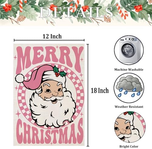 Merry Christmas Garden Flags 12x18 inch Double Sided, Seasonal Xmas Pink Santa Claus Decorations, Small Winter Decor for Yard Outside Outdoor - Image 6
