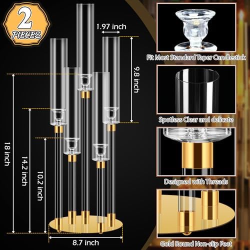 Barydat 4 Pcs Acrylic Candelabra Centerpieces Candle Holder Crystal 5 Arm Candlesticks Holder with Acrylic Shade Pillar Taper Candlestick for Wedding Dinner Party Fit 0.87" LED Candle(Gold,2 Pcs) - Image 2