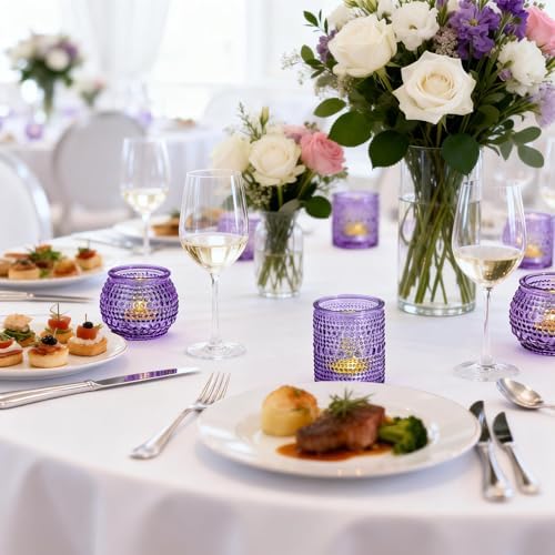 Rubtlamp Purple Votive Candle Holders Set of 24, Glass Candle Holders Bulk for Table Centerpiece, Tea Lights Candle Holder Glass for Wedding Shower, Home Party Decor - Image 6