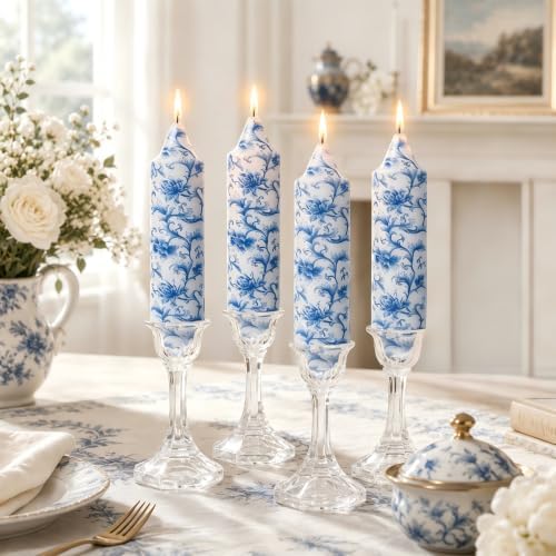 NJAO HOO Floral Taper Candles 5 Inch Short Candlesticks Hand Printed Blue and White Floral Candlesticks Unscented Tapered Candle Set for Spring Home Garden Decor, 4Pcs by NJAOHOO