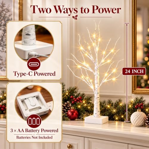 EAMBRITE Christmas Decorations Indoor Lighted Birch Tree Home Decor, 2Pack 24 LED Light Up Tabletop Mini Small Artificial White Trees Lamp with Lights Battery Operated/USB for Winter Table Mantel 2FT - Image 4
