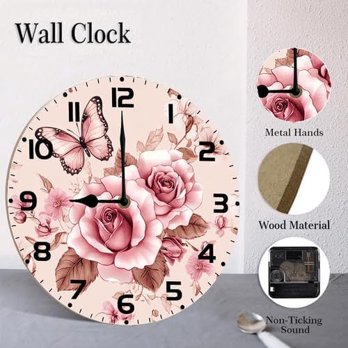 Butterfly Rose Flower Wooden Silent Non-Ticking 10 Inch Round Clocks Battery Operated Analog for Living Room Kitchen Bedroom Bathroom Office Home School Decor