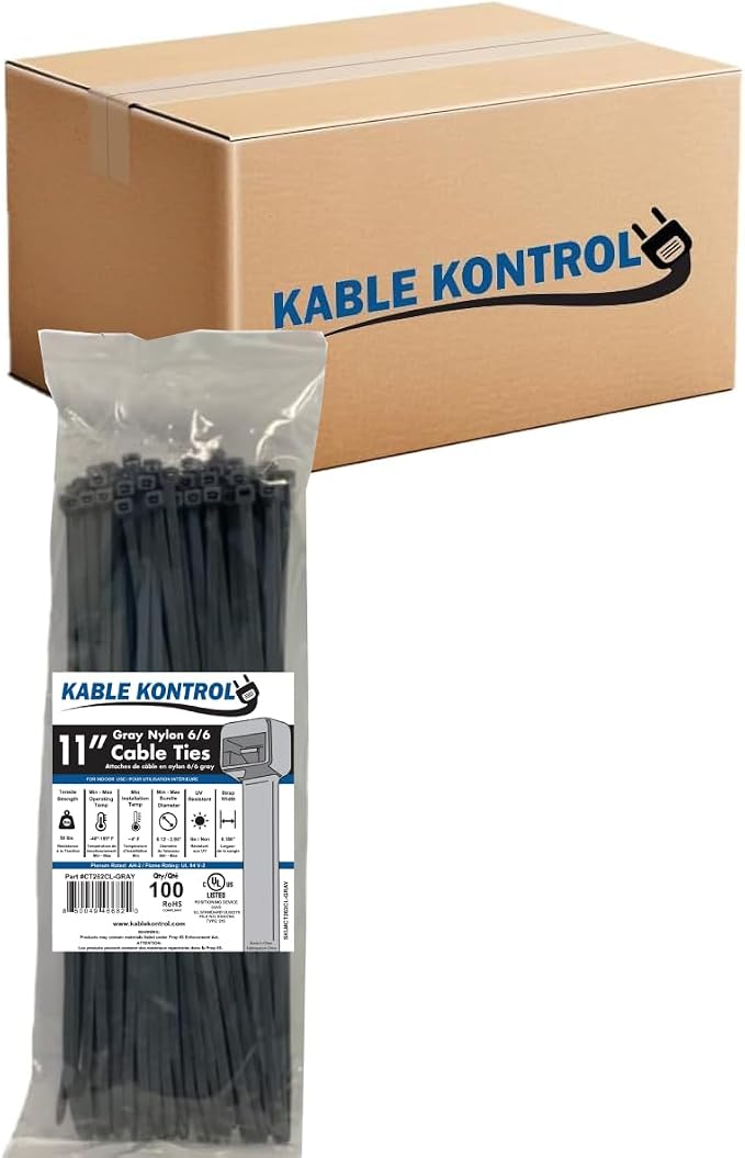 Kable Kontrol Gray Zip Ties 11 Inch 8,500 Pcs, 50 Lbs Tensile Strength, Bulk Pack, Self-locking Nylon Colored Cable Ties Wire Wraps for Indoor or Outdoor Use