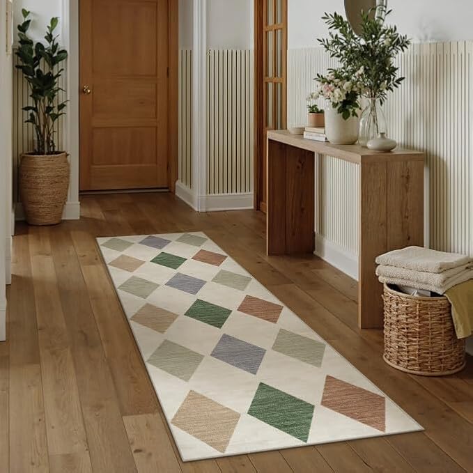 2x6 Washable Runner Rug Kitchen Colorful Non Slip Checkered Carpet | Soft, Low Pile, Easy Clean, Diamond Pattern for Hallway, Entryway, Laundry Room, Bathroom, Modern Neutral Decor