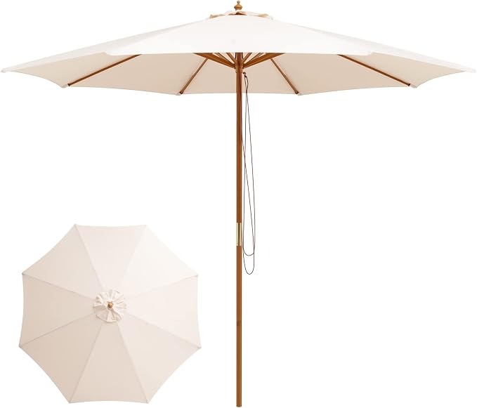 Tangkula Patio Umbrella Height Adjustable Wood Pole Outdoor Sun Shade Beige